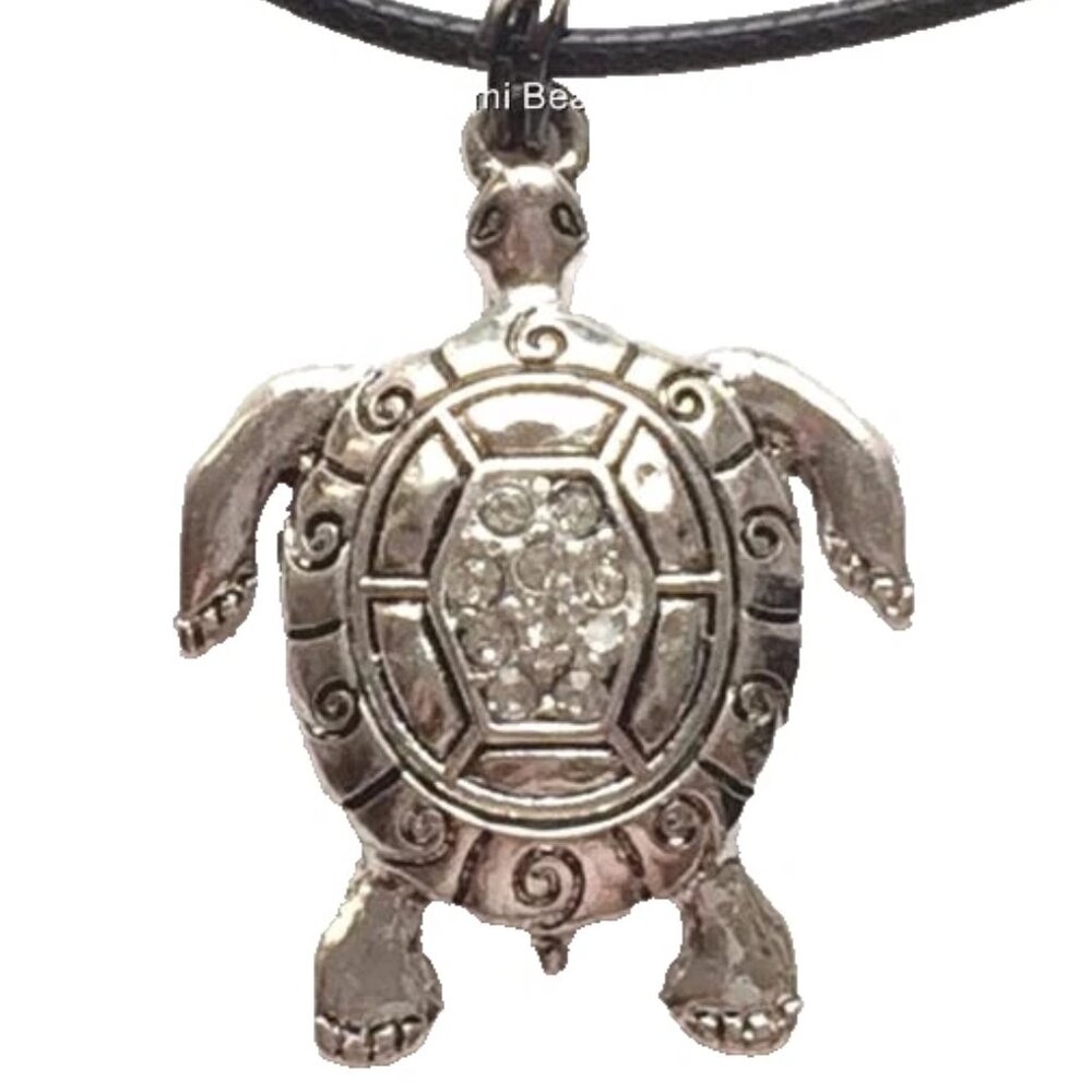 Silver Sea Turtle Necklace Crystal Sea Life Nautical Beach Island Rhodium Plated